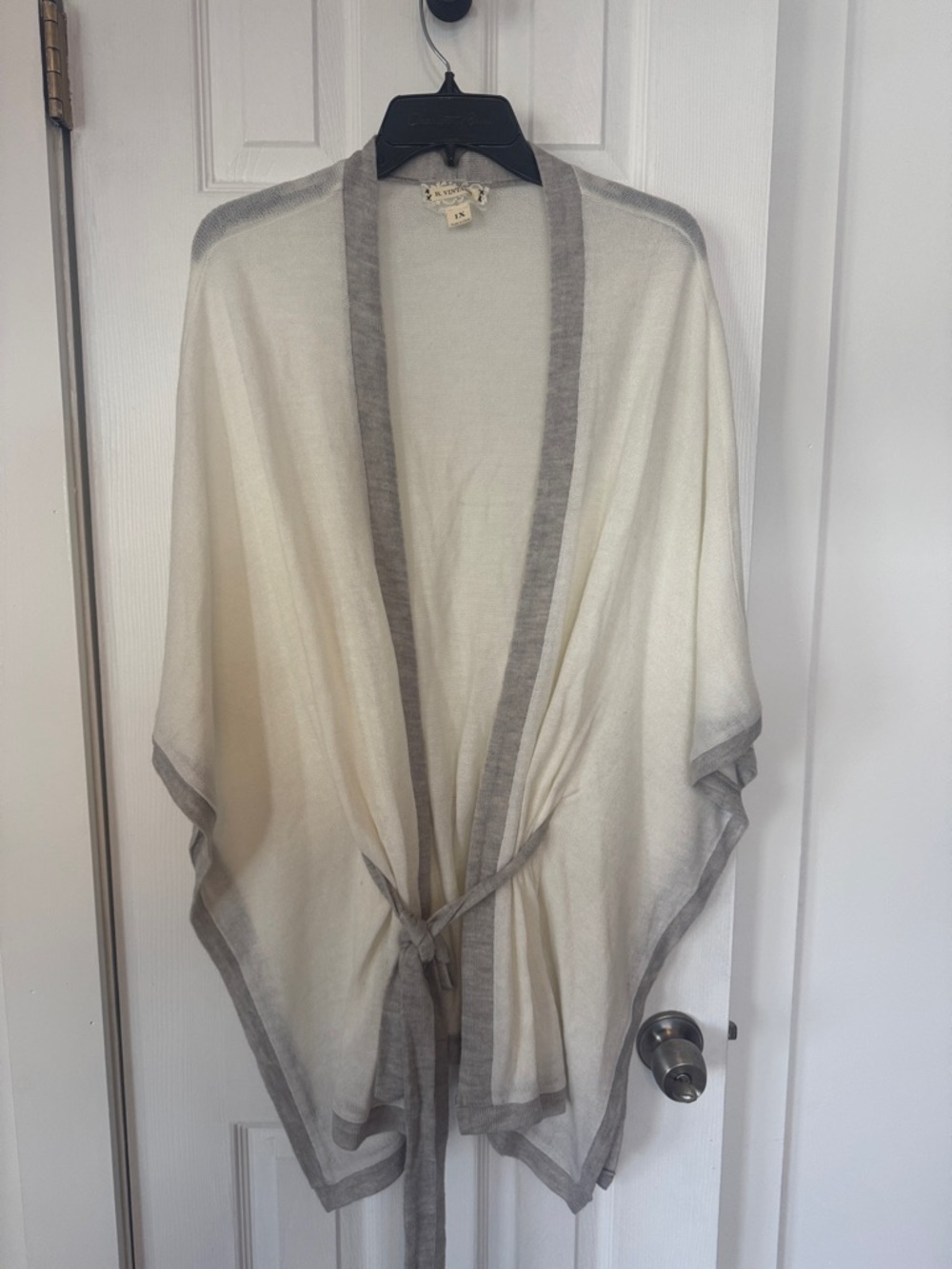 Russ Cream Wrap Cardigan with Gray Trim and Tie (new without tag, lost weight)